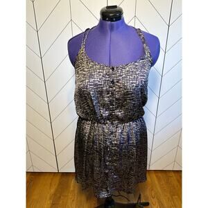 Cecico Womens Large Purple Beige Printed Silky Spaghetti Strap Button Mini Dress